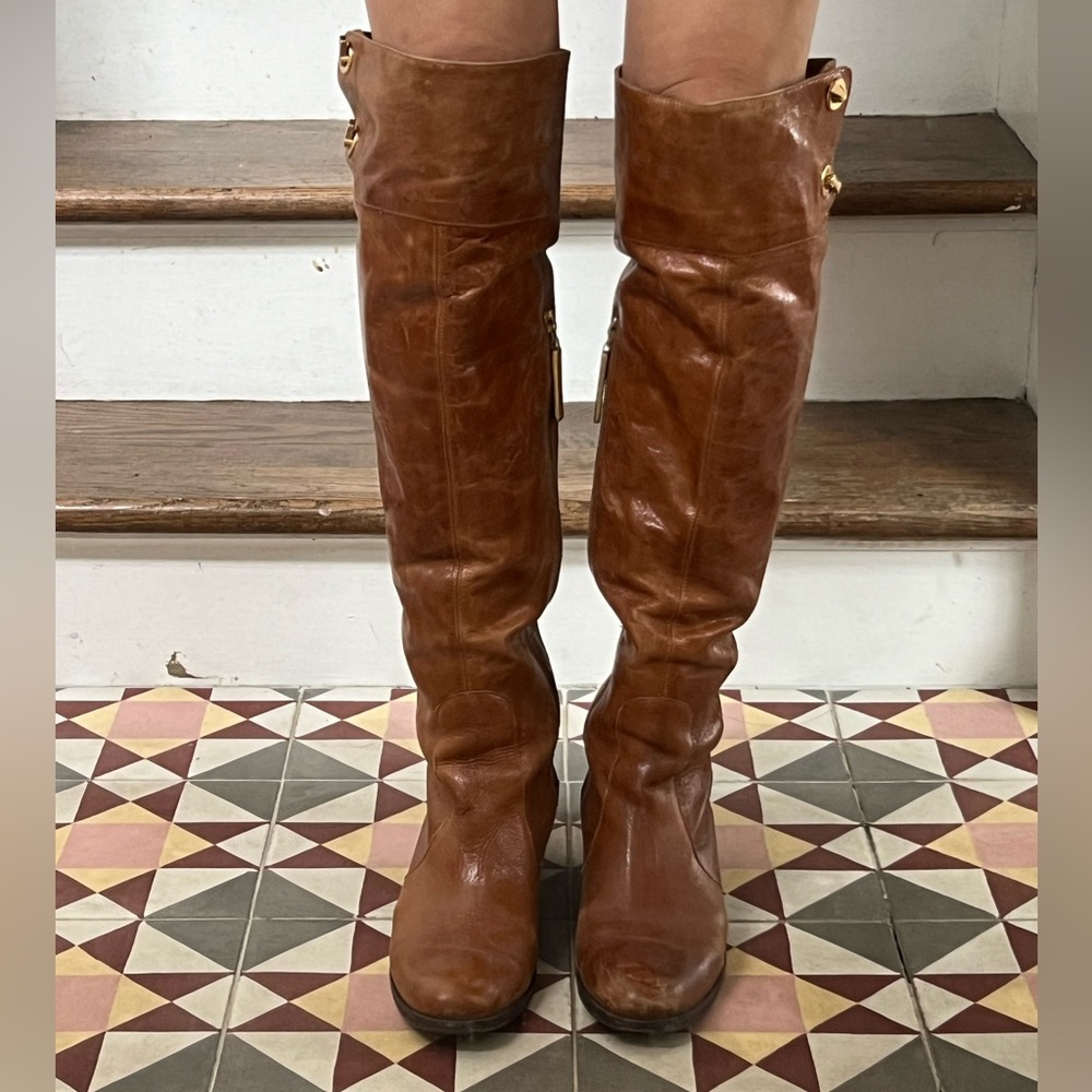 Pour La Victoire. over the knee high boots in cognac brown. Distressed leather